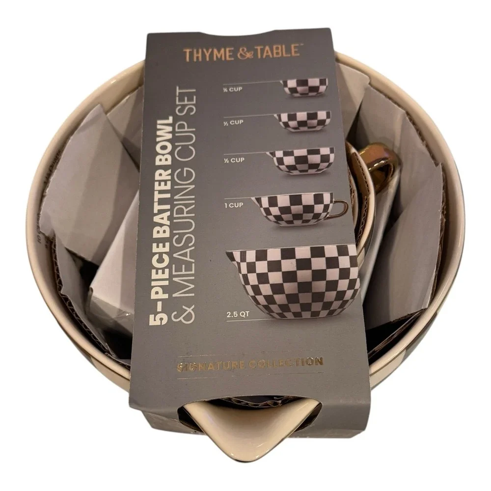 Thyme & Table 5-Piece Ceramic Mixing Bowl and Measuring‎ Set - Black Checkered